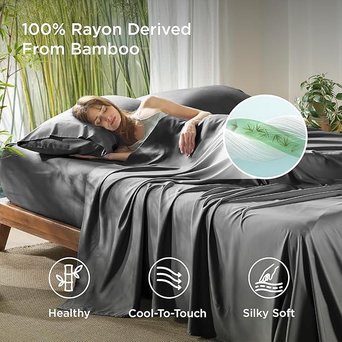 Bedsure Queen Sheet Set, Rayon Derived from Bamboo, Cooling Sheets, Breathable & Soft, Deep Pocket Up to 16 Inches, Hotel Luxury Silky Bedding for Hot Sleepers, Grey