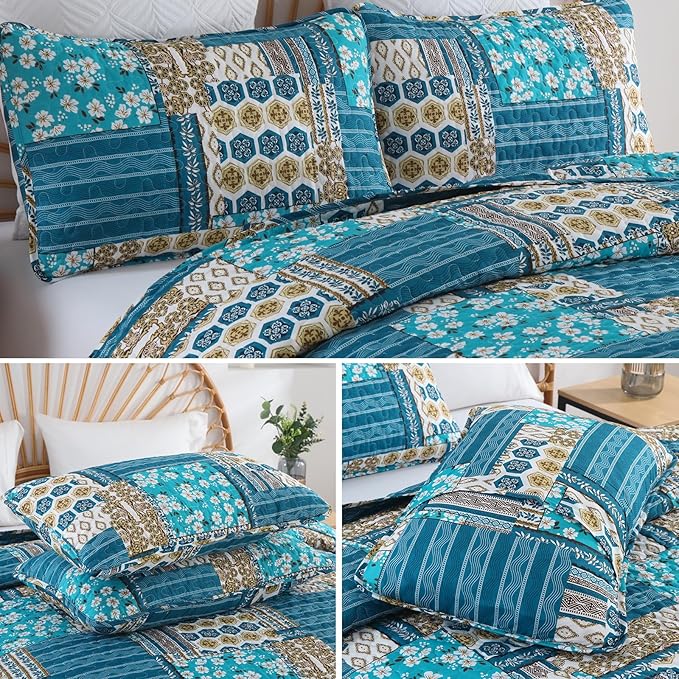 Mybedsoul Dusty Blue Quilt Set Queen Size, 3 Pieces Plaid Floral Bedspread Set Patchwork Reversible Bedding Set Microfiber Lightweight Bedspread Coverlet Set for All Season 96"x90"