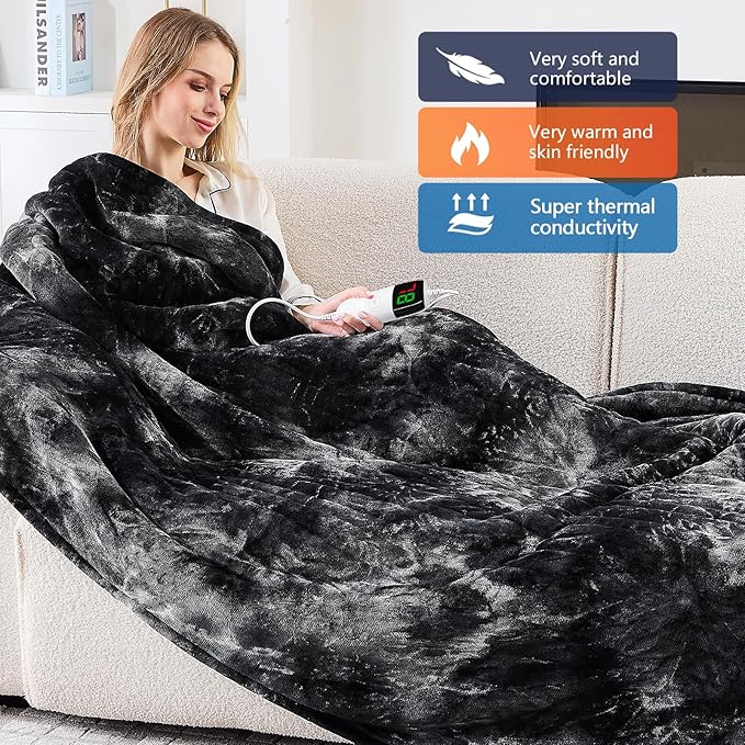 greenoak Heated Electric Blanket Queen, Faux Fur Sherpa Heating Blanket for Sofa Bed, Warm Winter Gifts for Women/Men, Heater Lap Blankets 5-Position Timer &10 Heating Levels 84''*90" Black