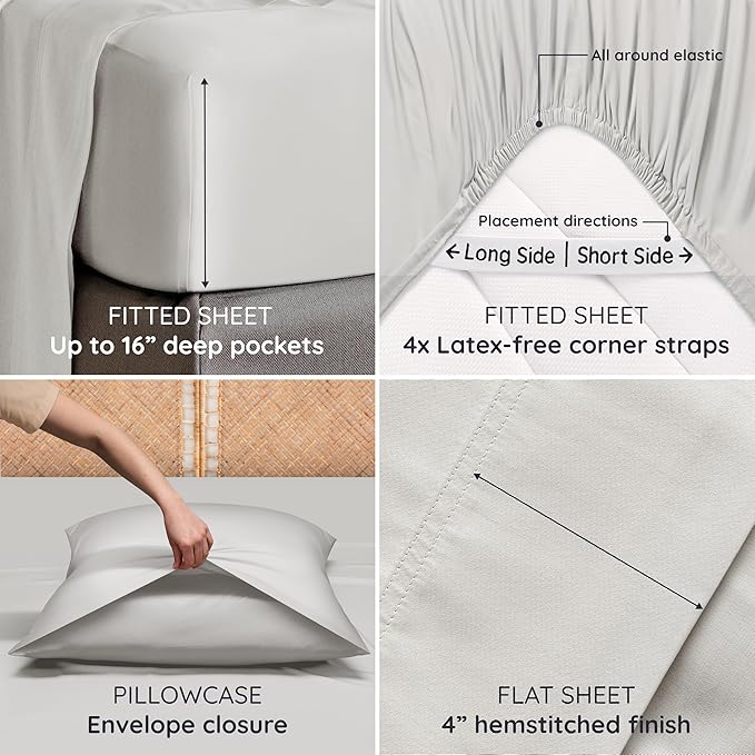 Bambaw 100% Viscose Derived from Bamboo Queen Size 6 Piece Sheet Set - Cooling Bed Sheets, Deep Pocket Queen Sheets, Fits Up to 16'' Mattresses (Moonlight Gray)