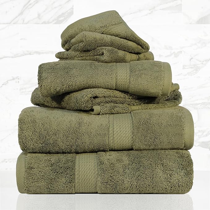 Superior Egyptian Cotton Pile 6 Piece Towel Set, Includes 2 Bath, 2 Hand, 2 Face Towels/Washcloths, Ultra Soft Luxury Towels, Thick Plush Essentials, Guest Bath, Spa, Hotel Bathroom, Forest Green