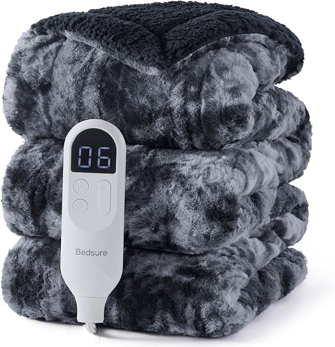 Bedsure Faux Fur Heated Blanket Full Size, Fast Heating Electric Blanket Full Size with 6 Heating Levels & 10 Time Settings, Cozy Gifts for Women Men (72x84 inches, Black)