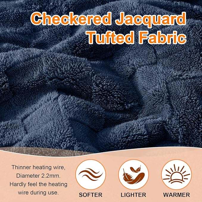 Electric Heated Throw Blanket - Jacquard Checkered Sherpa 50"x60" Fast Heating Bed Blankets with 6 Heating Levels & 4 Hours Auto Off, Over-Heat Protection ETL, Navy Blue