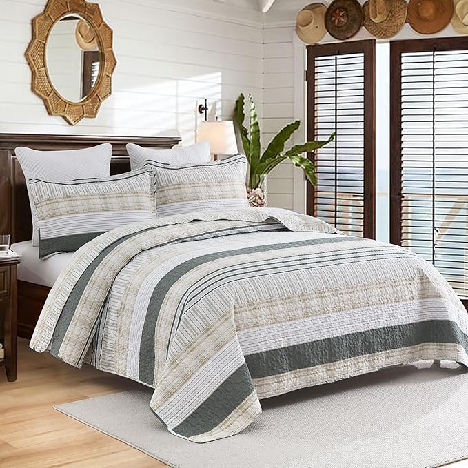 Homzard Quilts Queen Size - Cotton Queen Size Comforter Sets,Beige Grey Cotton Bedding,Striped Plaid Comforter Bedspread (90 * 98 Inches),3 Piece