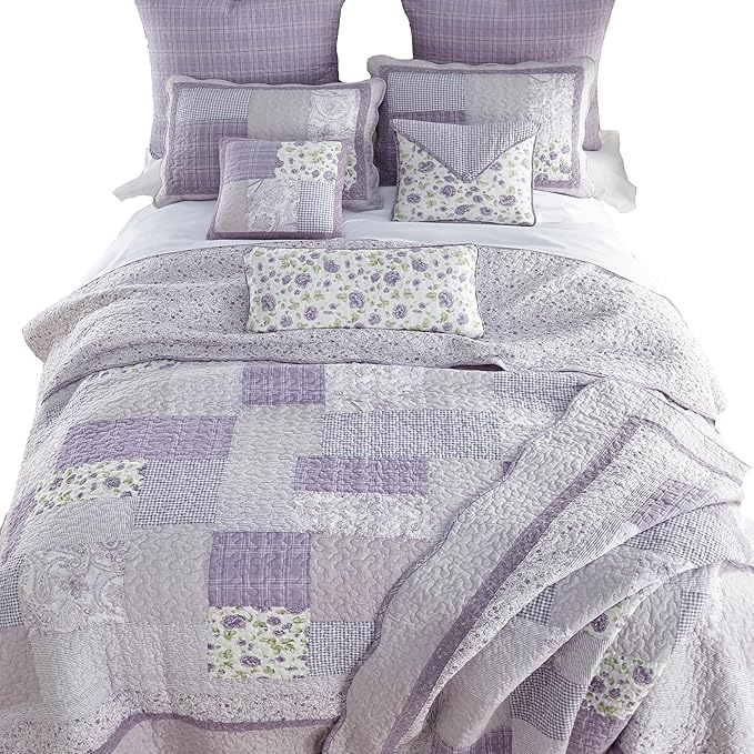 Donna Sharp Twin Quilt -Lavender Rose Cotton Contemporary Quilt with Patchwork Pattern- Machine Washable