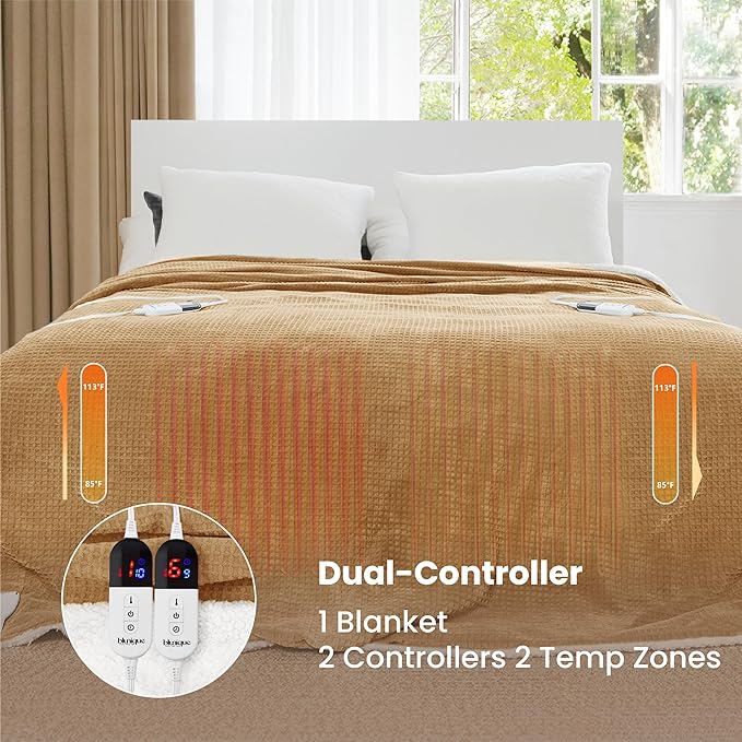 Heated Blanket Electric Blanket King Waffle, 90x100 Inches Dual Controllers Sherpa Fleece Fast Heating Blanket 6 Heating Levels & 10 Hours Auto Off ETL Certification, Caramel King