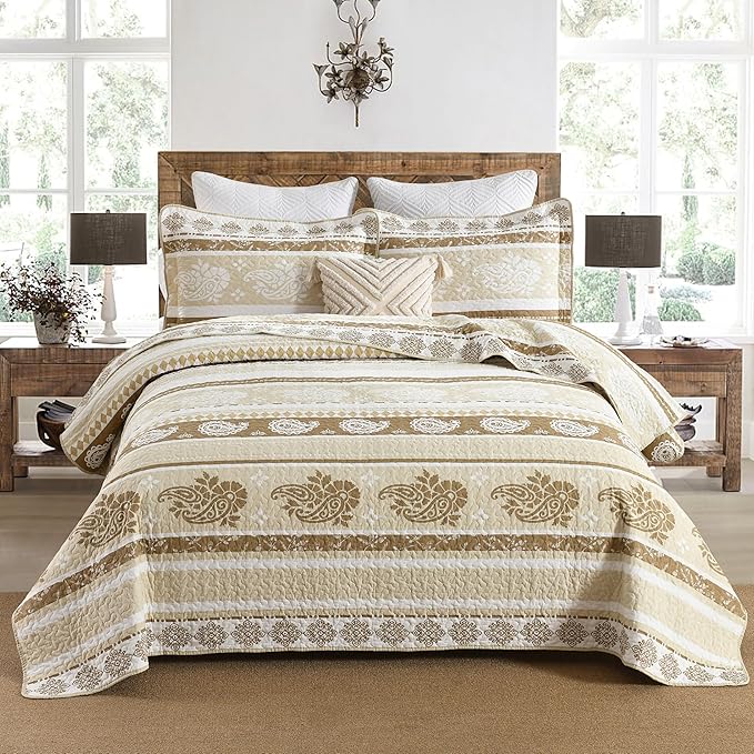 Quilt Bedding Set Queen Size, Cotton Comforters Set Queen Size, Brown Taupe Quilts Bedspread for The Bed, Farmhouse Lightweight Bedding (90 * 98 Inch) and 2 Pillow Shams All Season