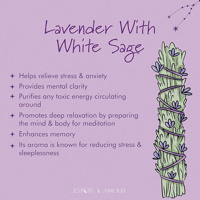 ESPOIR & AMOUR Lavender Sage - 3 Spiritual White Sage & Lavender Smudge Stick for Cleansing Negativity - 4 Inch Hand-Tied Stick