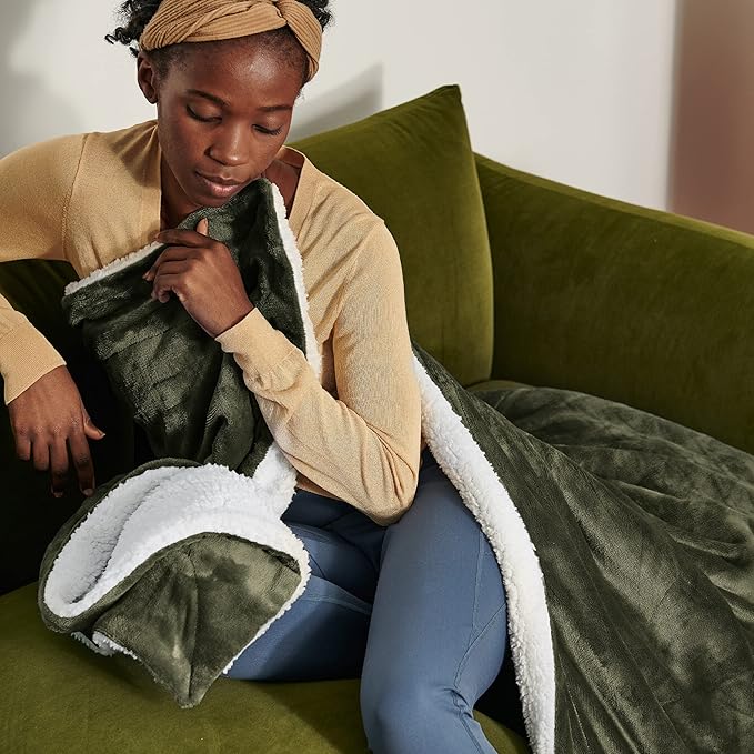 Bedsure GentleSoft Sherpa Fleece Blankets Queen Size for Bed - Thick and Warm Throw for Women and Men, Soft Fuzzy Plush Queen Blanket for Winter, Olive Green, 90x90 Inches