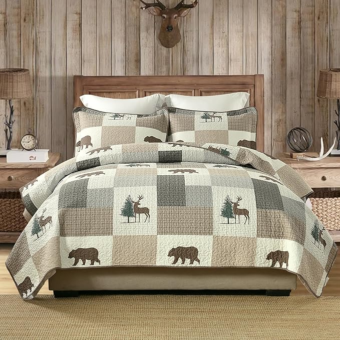 Uniclinens Plaid Quilt Set Queen Size, 100% Cotton Patchwork Quilts, Brown Farmhouse Lightweight Quilted Comforter, Soft Rustic Bedspread, 3 Pieces Set with 2 Pillowshams, Beige/Brown/Gray