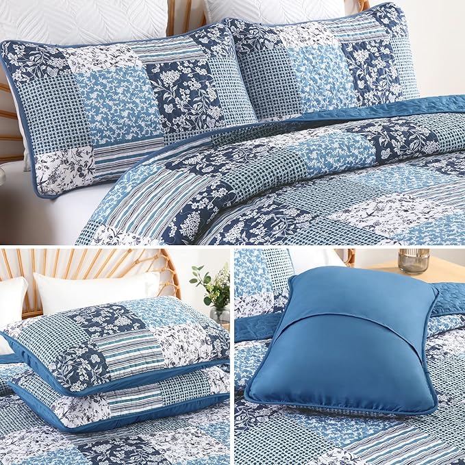 Mybedsoul Navy Blue Quilt Set King Size, 3 Pieces Plaid Floral Bedspread Set Patchwork Reversible Bedding Set Microfiber Lightweight Bedspread Coverlet Set for All Season 110"x90"