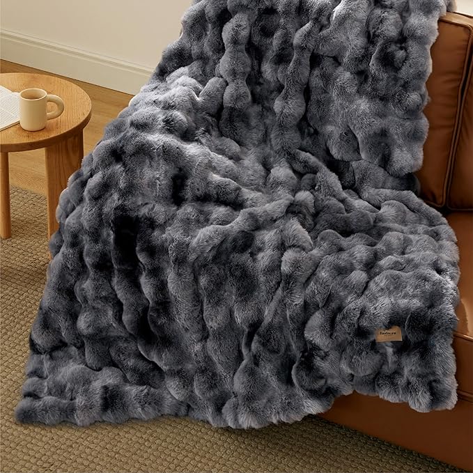 Bedsure GentleSoft Fluffy Faux Fur Throw Blanket, Fuzzy Soft Bubble Blanket for Couch, Faux Fur Decor for Home Bedroom Living Room, Thick Furry Cozy Gifts for Women, Tie-dye Grey, 50x60 Inch
