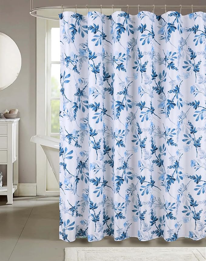 Serafina Home Hotel Quality Fabric Bathroom Shower Curtain: Floral Leaf Damask - Blue, Teal and White (72 x 70 inches)