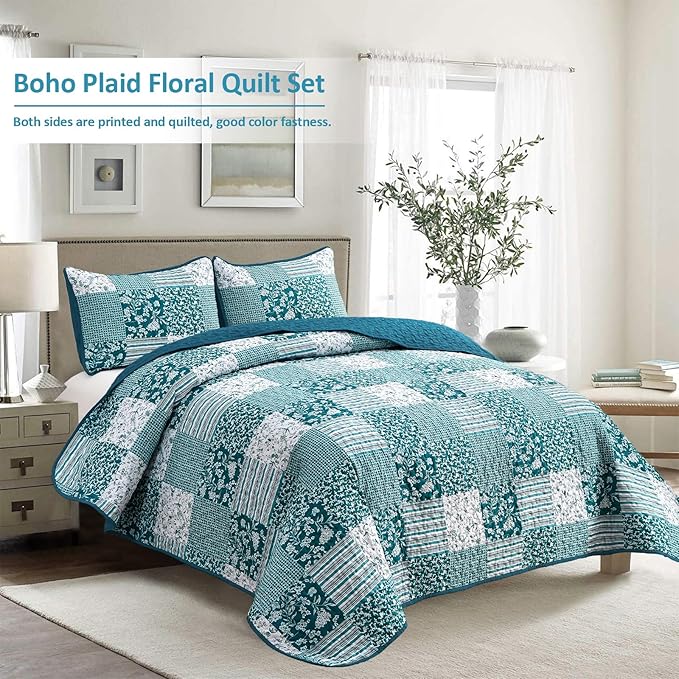 Mybedsoul Teal Blue Quilt Set King Size 3 Pieces Boho Plaid Turquoise Floral Bedspread Set Microfiber Lightweight Bohemian Bedding Bedspread Coverlet Set for All Season 90"x104"