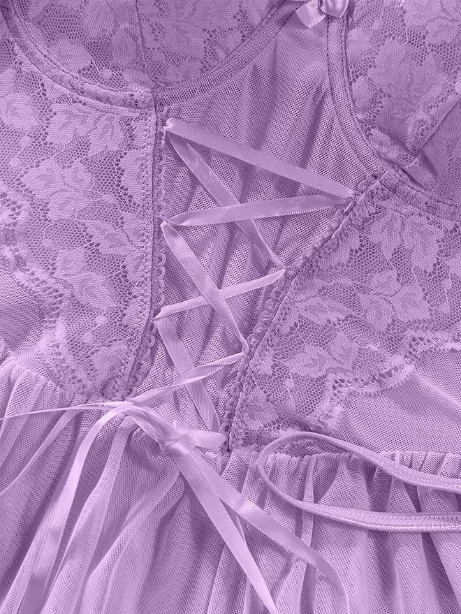 Lilosy Sexy Garter Belt Mesh Lace Babydoll Lingerie Dress Set with Thong