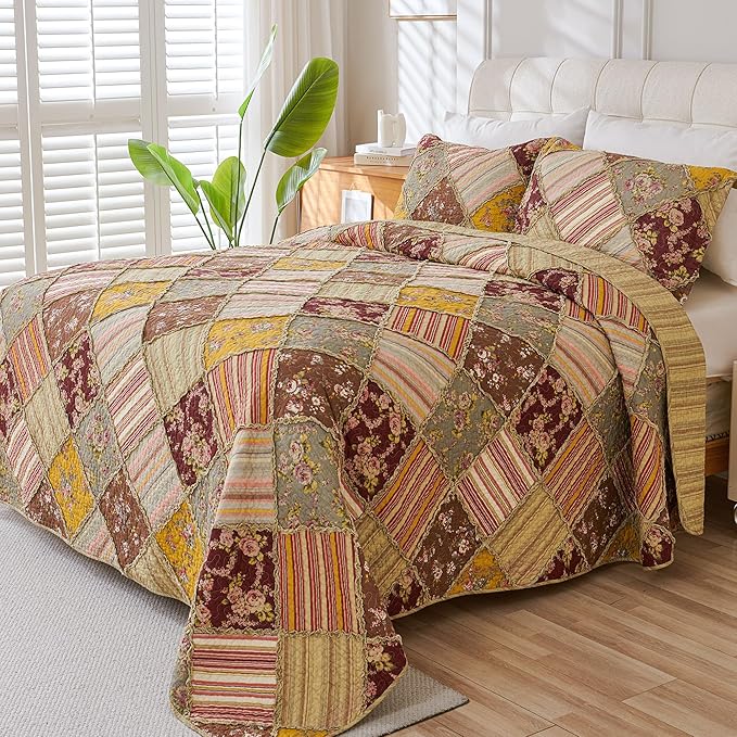 Cmfshape Floral Quilt Sets Bedspread Set 100% Cotton Patchwork Bedding Set, All Season Use Lightweight Reversible Coverlet Quilts with 2 PillowShams(King 106"x96")