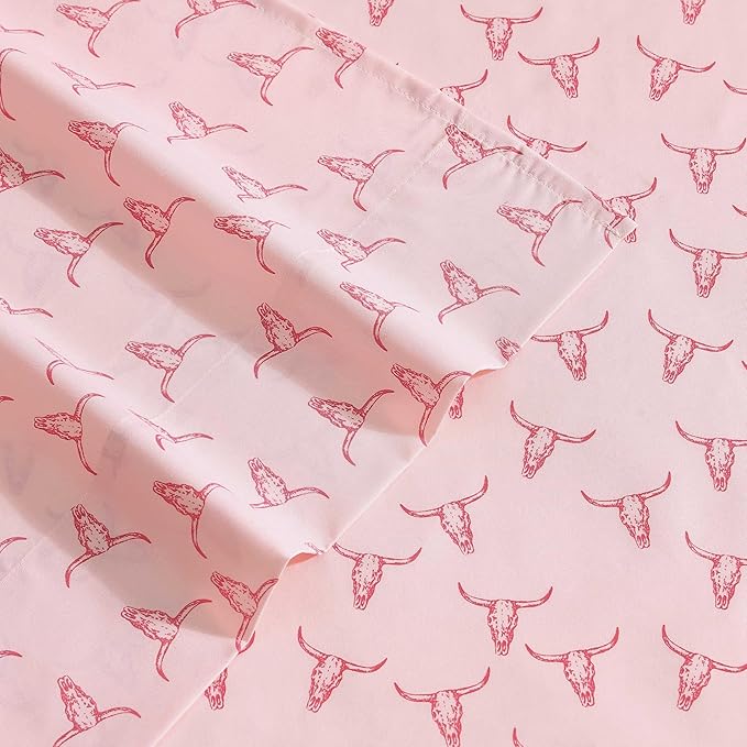 Wrangler - Twin XL Bed Sheets, Breathable & Wrinkle Resistant Bedding with Matching Pillowcase, Lightweight for Year-Round Use, Dorm Essentials (Steer Skulls Pink)