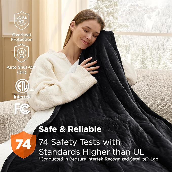 Bedsure Heated Blanket Throw Blanket - Fast Heating Electric Blanket, Soft Flannel Heated Throw with 4 Time Settings, 6 Heating Settings, Warm Gifts for Grandma Grandpa (50x60 inches, Black)