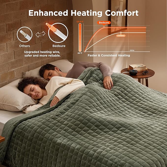 Bedsure Electric Blanket Queen Size - Dual Control Heated Weighted Blanket Queen with 10 Heat Settings, Fast Heating with 10 Time Settings (84x90 inches, Olive Green)