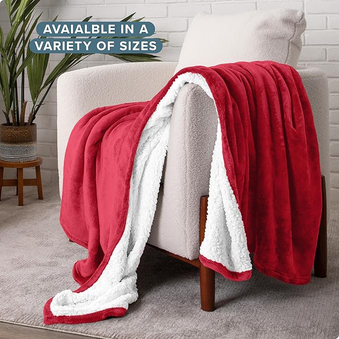 Bare Home Sherpa Fleece Blanket - King Size - Blanket for Bed, Sofa, and Couch - Warm & Lightweight - Fluffy & Soft - Reversible (King, Red)