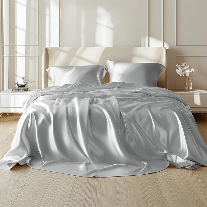 Bedsure Satin Sheets Full Size - 4 Piece Silky Bedsheets with 15 Inches Deep Pocket Fitted Bedsheet,1 Flat Sheet, 2 Satin Pillowcases, Good for Hair & Skin (Full, Silver Grey)