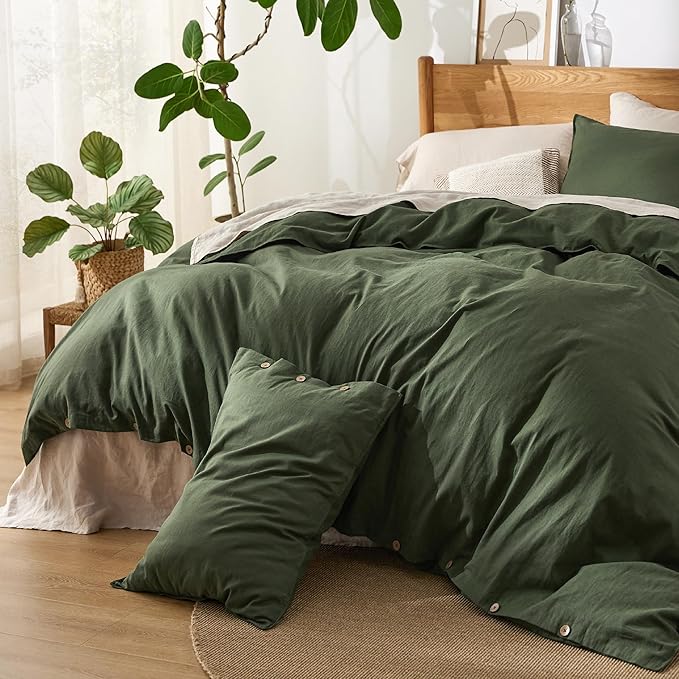 Bedsure Linen Duvet Cover King Size - Linen Cotton Blend Bedding Set, Soft & Cozy, 3 Pieces, 1 Duvet Cover 104x90 and 2 Pillowcases, Olive Green Color Cooling Bedding, Comforter Sold Separately