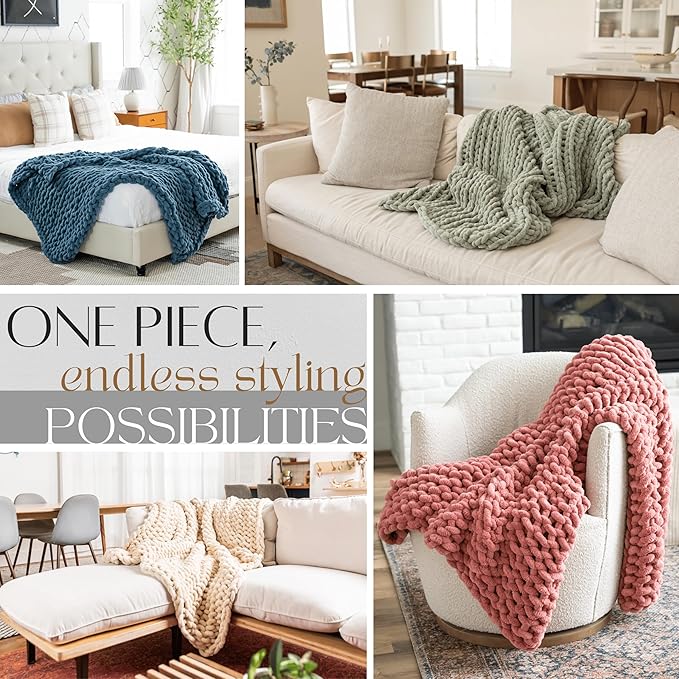 SAMIAH LUXE Sage Green Chunky Knit Blanket Throw 50x60, Chenille Chunky Knit Throw Blanket for Living Room Decor or Boho Decor, Thick Yarn Knitted Blankets for Couch or Bed, Knitted Crochet Blankets