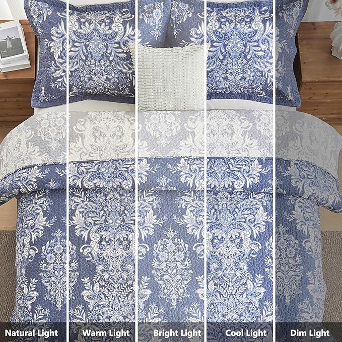 100% Cotton Quilt Set King Size - Damask Pattern Quilted Comforter, Vintage Reversible King Quilt Bedspread, Lightweight Bedding for King Bed, 3pcs, Blue