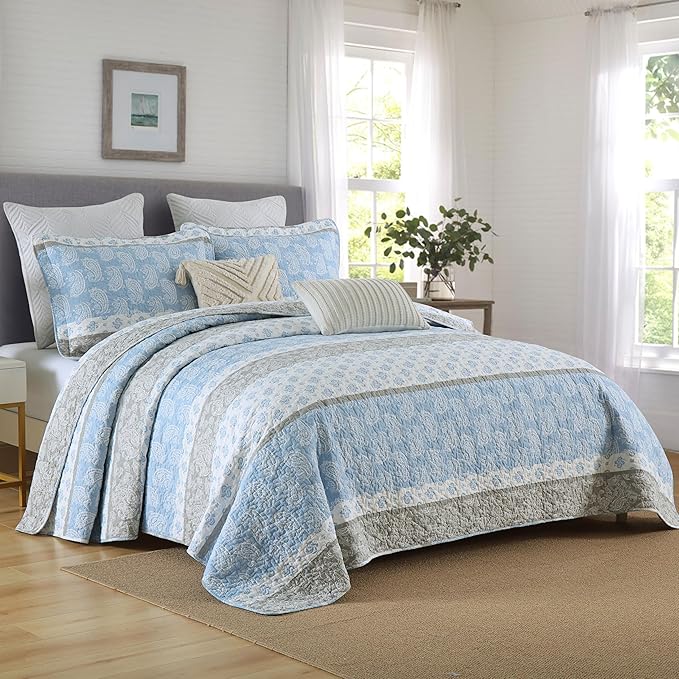 Quilt King Size, Cotton Bedding Set, Blue Striped King Size Comforter Set, Bohemian Bedspread with Shams for All Season, 3 Pieces