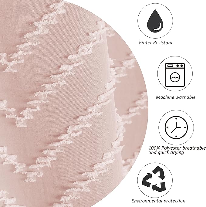 Pink Boho Shower Curtain White Tassel Woven Fabric Cute Shower Curtain 60 x 72 Modern Farmhouse Textured Tufted Chevron Striped Minimalist for Bathroom