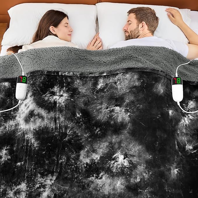 greenoak Heated Electric Blanket Queen, Faux Fur Sherpa Heating Blanket for Sofa Bed, Warm Winter Gifts for Women/Men, Heater Lap Blankets 5-Position Timer &10 Heating Levels 84''*90" Black