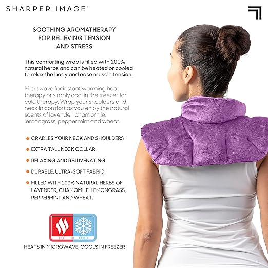 Sharper Image Heated Neck & Shoulder Wrap - Microwavable Warm & Cooling Plush Pad, Scented Aromatherapy (100% Natural Lavender & Herb Spa Blend), Pain Tension Headache Relief Therapy, Gift for Women