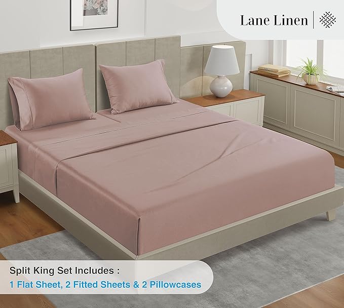 LANE LINEN Split King Sheets Sets – 450 Thread Count 100% Cotton Bed Sheets, Soft & Naturally Cooling, 15” Deep Pocket Fully Elasticized Fitted Sheet, Machine Washable Hotel Bedding, Sepia Rose