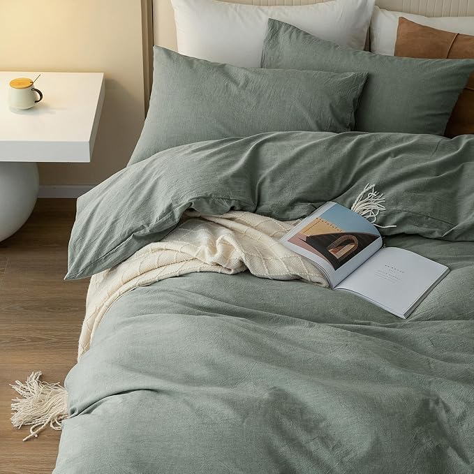 JIYUAN 100% Washed Cotton Duvet Cover Set 2 Pieces Twin, 1 Duvet Cover 68x90 Inches(Comforter Not Included) and 1 Pillowcases,Linen Feel Bedding Set Comfy and Breathable, Heathered Green