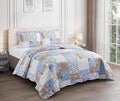 Brilliant Sunshine Pink and Blue Roses Toile Quilt Set, 3-Piece Bedding Sets, Lively Patchwork Design, Washable, Reversible Bedspread, Soft Lightweight Coverlet, All-Season, Full/Queen, Blue Natural