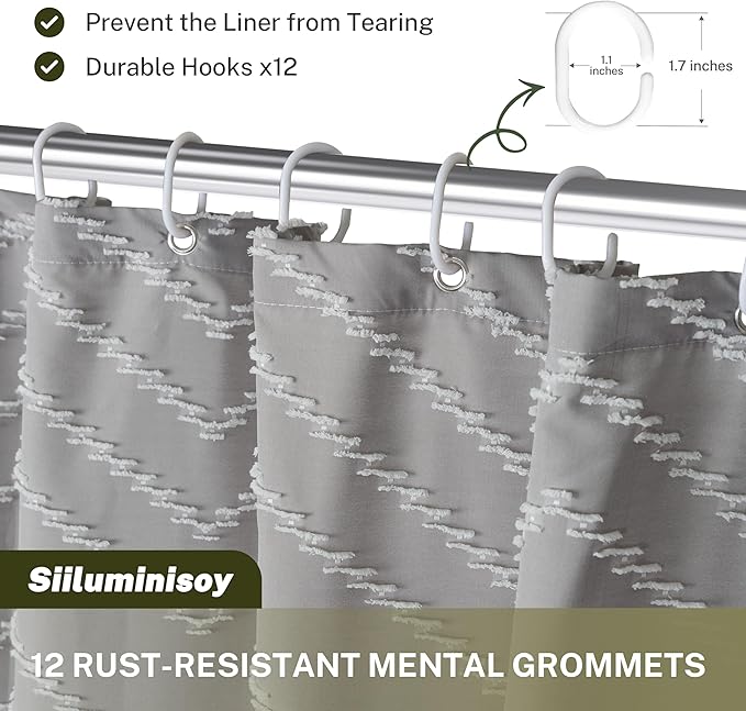 Extra Long Grey Boho Shower Curtain with Tassel, Woven Fabric 84 in Shower Curtain, Tufted Chevron Striped, 72 x 84, Modern Chic Textured Minimalist Bathroom Shower