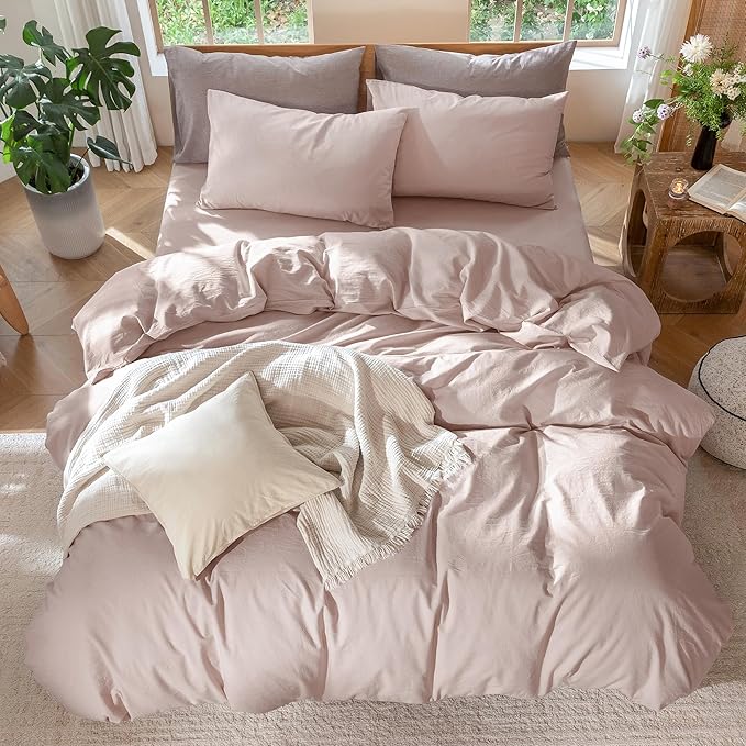 MooMee Bedding Duvet Cover Set 100% Washed Cotton Linen Like Textured Breathable Durable Soft Comfy (Heathered Greyish Pink, Cal King 104"x98")