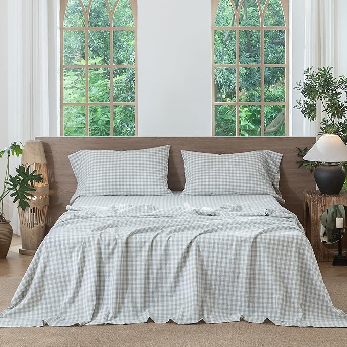 MooMee Gingham Sheet Set 100% Washed Cotton Linen Like Textured Breathable Soft w/Fully Elasticized 16-19" Deep Pocket (Classic Gingham Northern Droplet Grey, Queen)