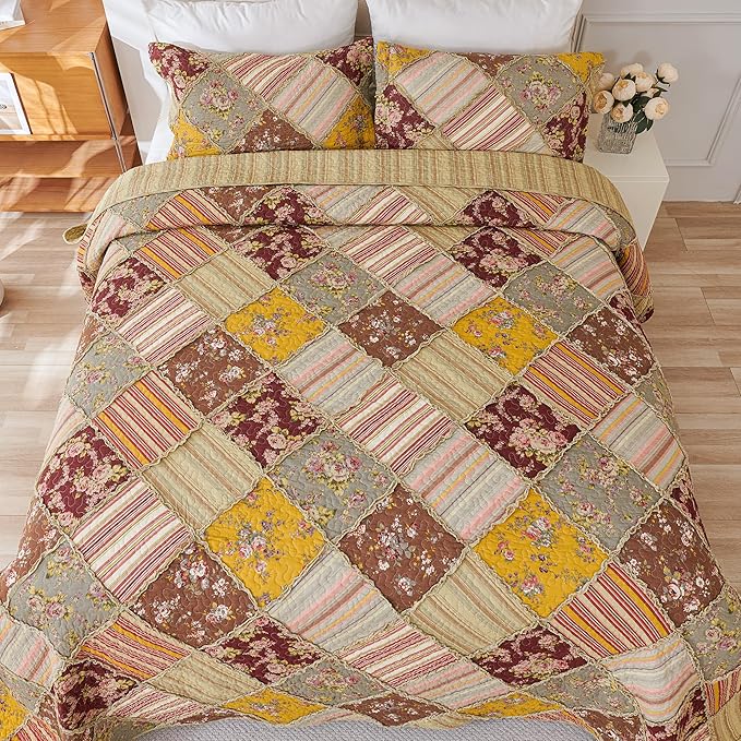 Cmfshape Floral Quilt Sets Bedspread Set 100% Cotton Patchwork Bedding Set, All Season Use Lightweight Reversible Coverlet Quilts with 2 PillowShams(King 106"x96")