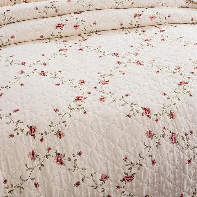 Quilt Set Floral Leaves 3D Embroidery Pattern 3 PCS Cotton Reversible Quilted Embroidered Decorative Bedspreads Coverlet Set, Lightweight &Soft Queen Size Beige Bedding Coverlet for All Season