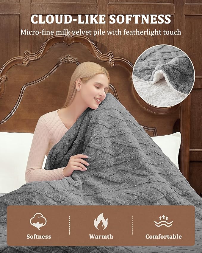 CAROMIO Electric Blanket Queen Size Dual Control - Thick Tufted Sherpa Heated Blanket Queen with 10 Heating Levels and 10 Time Settings, ETL Certified Fast Heating Blanket Queen Size 84"×90", Grey