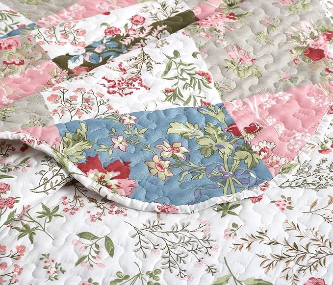 Brilliant Sunshine Peach and Olive Flowers Patchwork, 3-Piece Quilt Set with 2 Shams, Reversible Bedspread, Soft Lightweight Coverlet, All-Season, Full/Queen, Peach Olive