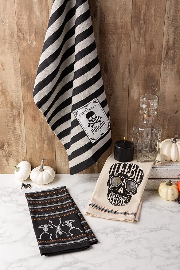 DII Happy Halloween Dishtowel Collection Embellished Cotton Kitchen Hand Towel Set, 18x28, Skeleton, 3 Count