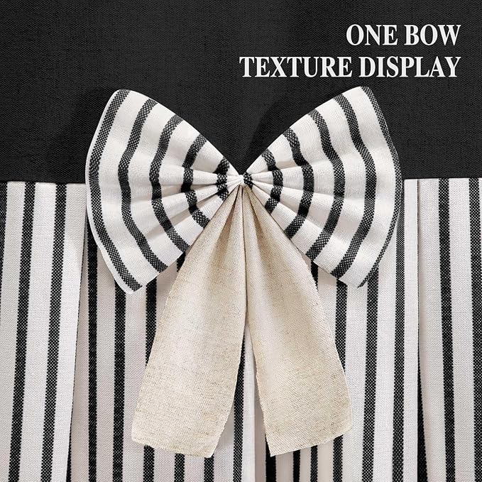 Farmhouse Shower Curtain Linen Blcak Bow Woven Fabric Country Rustic Western, Pleated Black Stripe 72" W x 72" L