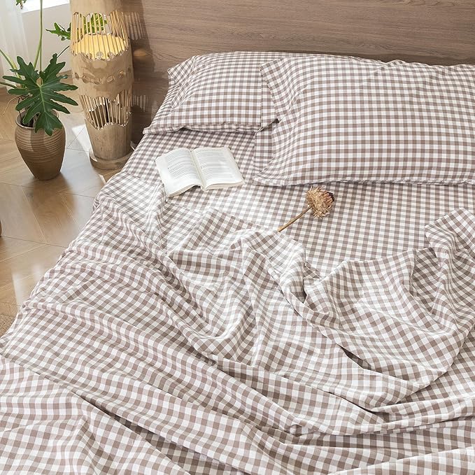 MooMee Gingham Sheet Set 100% Washed Cotton Linen Like Textured Breathable Soft w/Fully Elasticized 16-19" Deep Pocket (Classic Gingham Brown, Queen)