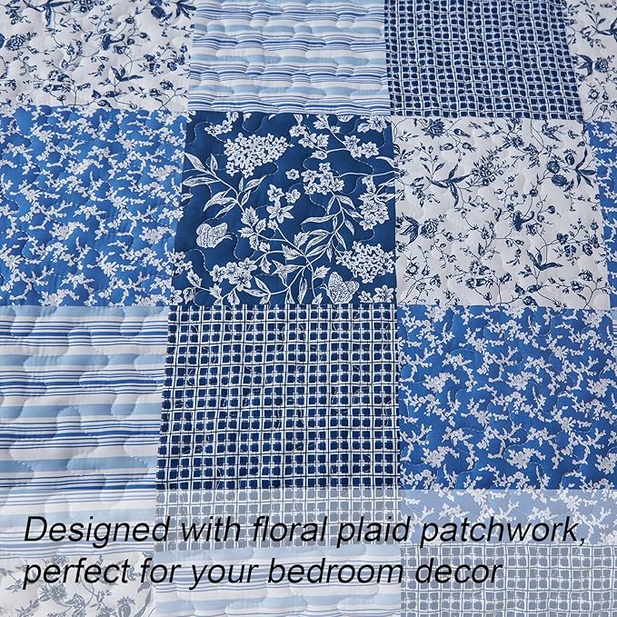 Mybedsoul Blue Boho Quilt Set King Size,3 Pieces Plaid Floral Bedspread Coverlet Set for All Season,Patchwork Reversible Bedding Set King 90"x104"
