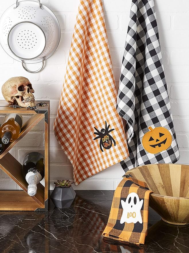 DII Happy Halloween Dishtowel Collection Embellished Cotton Kitchen Hand Towel Set, 18x28, Spooky Farmhouse Buffalo Check, 3 Count