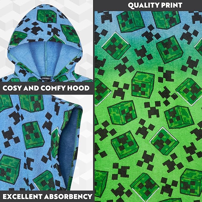 Minecraft Towelling Poncho Kids Teens Hooded Bath Towels Absorbent Beach Towel (Multi, 10-13 Years)