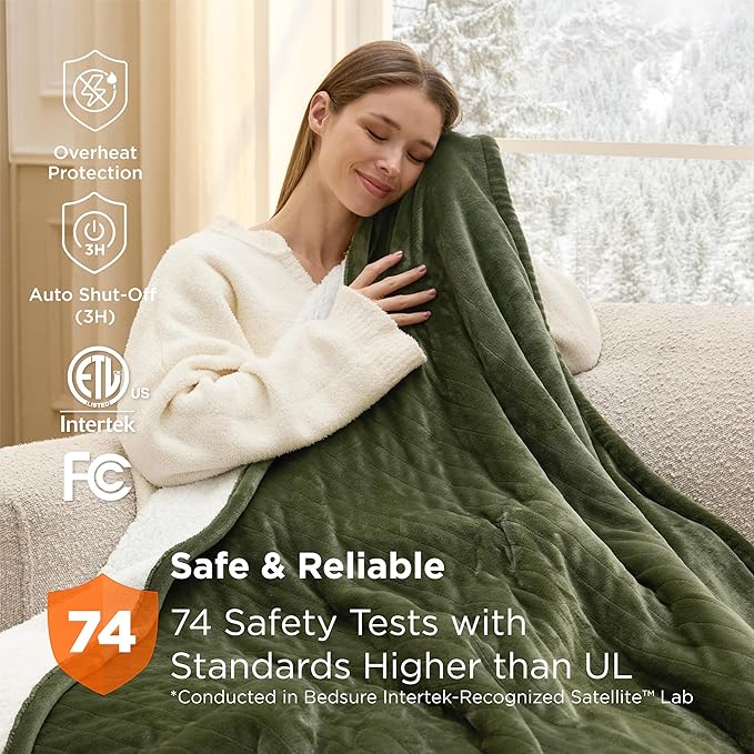 Bedsure Heated Blanket Throw Blanket - Fast Heating Electric Blanket, Soft Flannel Heated Throw with 4 Time Settings, 6 Heating Settings, Warm Gifts for Grandma (50x60 inches, Olive Green)