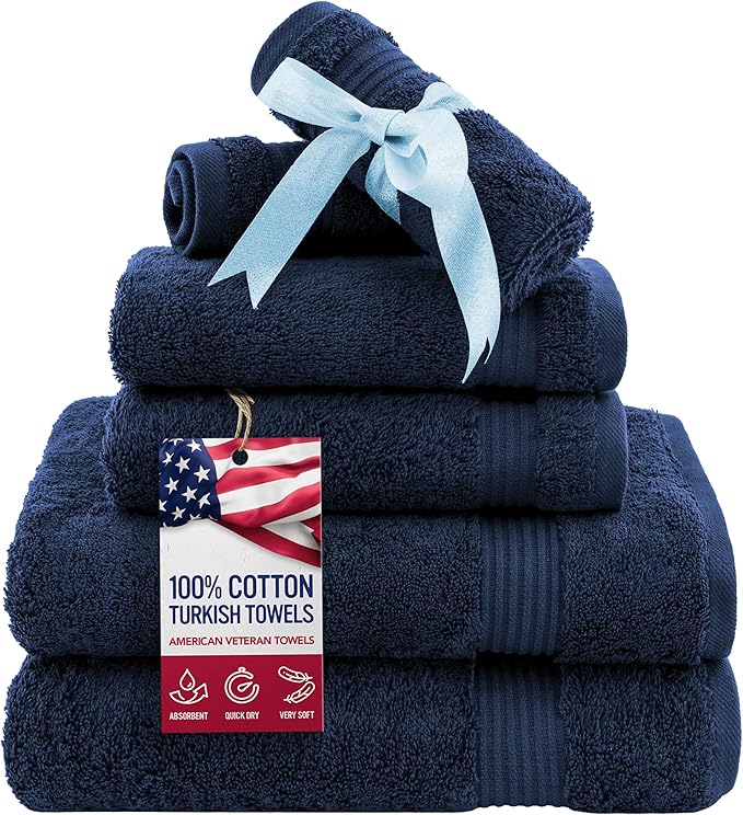 American Veteran Towel, 6 Piece Towel Set for Bathroom, 100% Cotton Turkish Bathroom Towels, 2 Bath Towels 2 Hand Towels 2 Washcloths, Navy Blue